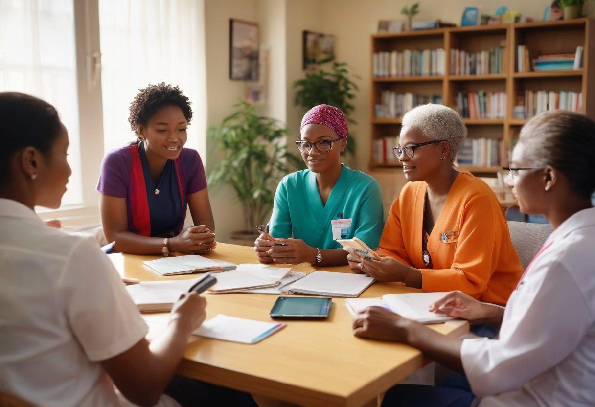 A diverse group of patients and advocates engaged in a lively discussion, surrounded by books and digital tablets showcasing cancer care information. Include symbols of empowerment like a rising sun and open locks to represent unlocking knowledge. The environment should be warm and inviting, with plants and supportive visuals in the background. vibrant colors. super-realistic.