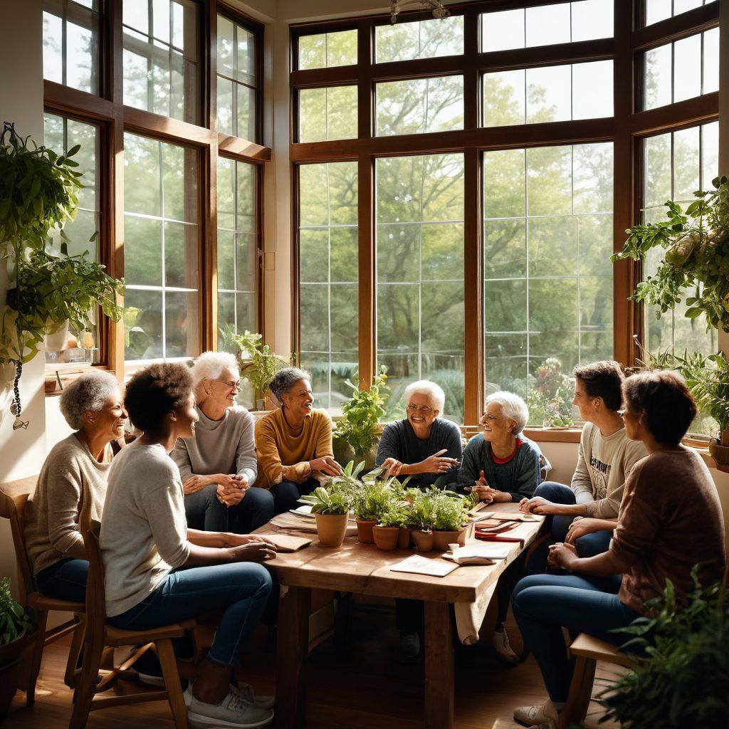 A heartwarming scene depicting a diverse group of individuals, each representing different ages and backgrounds, joyfully interacting in a cozy community space filled with uplifting quotes and plants. The environment should radiate warmth and hope, capturing moments of sharing stories and support, with soft sunlight pouring in through large windows. Include symbols of resilience, such as ribbons and encouraging messages artfully displayed. super-realistic. vibrant colors. warm lighting.