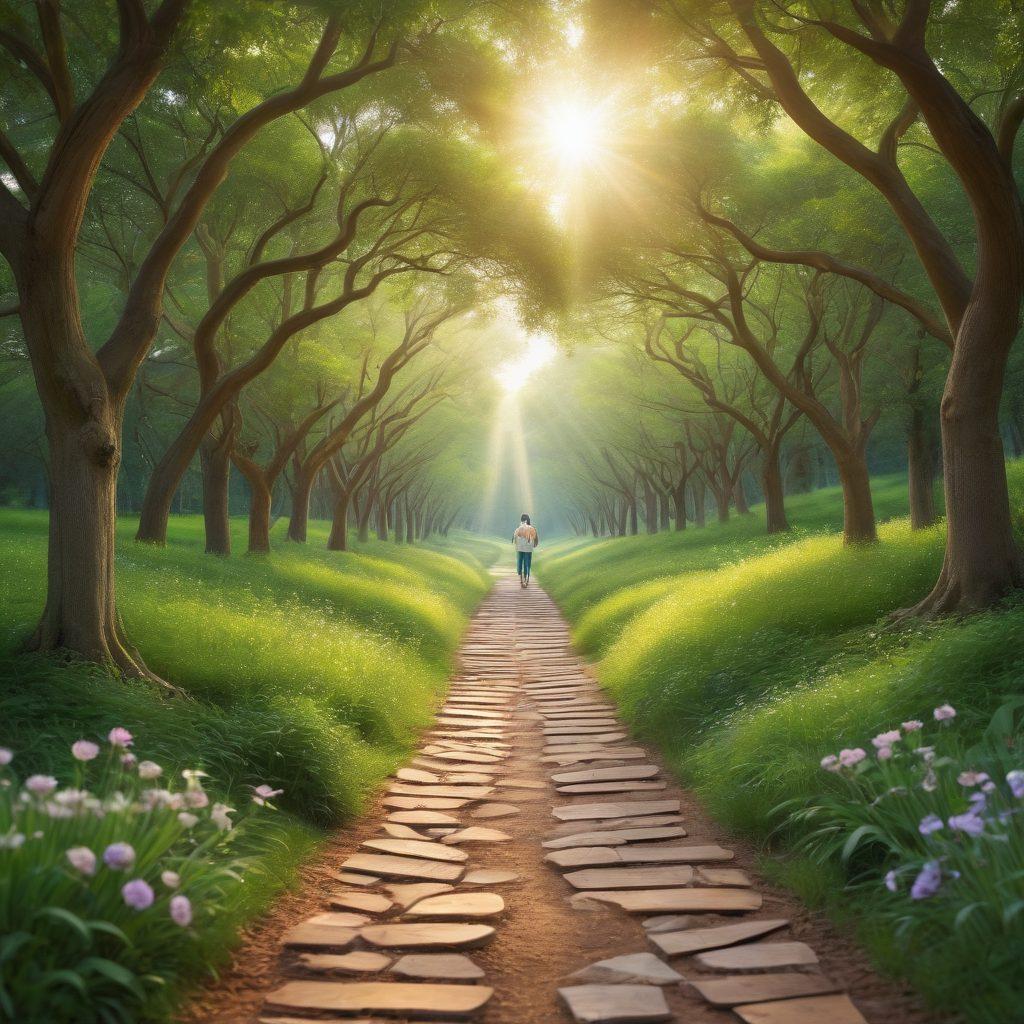A serene pathway winding through a lush green landscape, symbolizing the journey of cancer patients. Along the path, diverse individuals are depicted supporting each other, holding hands, and sharing resources, embodying hope and empowerment. Gentle sunlight filters through the trees, illuminating the path ahead. Integrate elements like books, ribbons, and heart symbols to represent knowledge and support. vibrant colors. super-realistic.